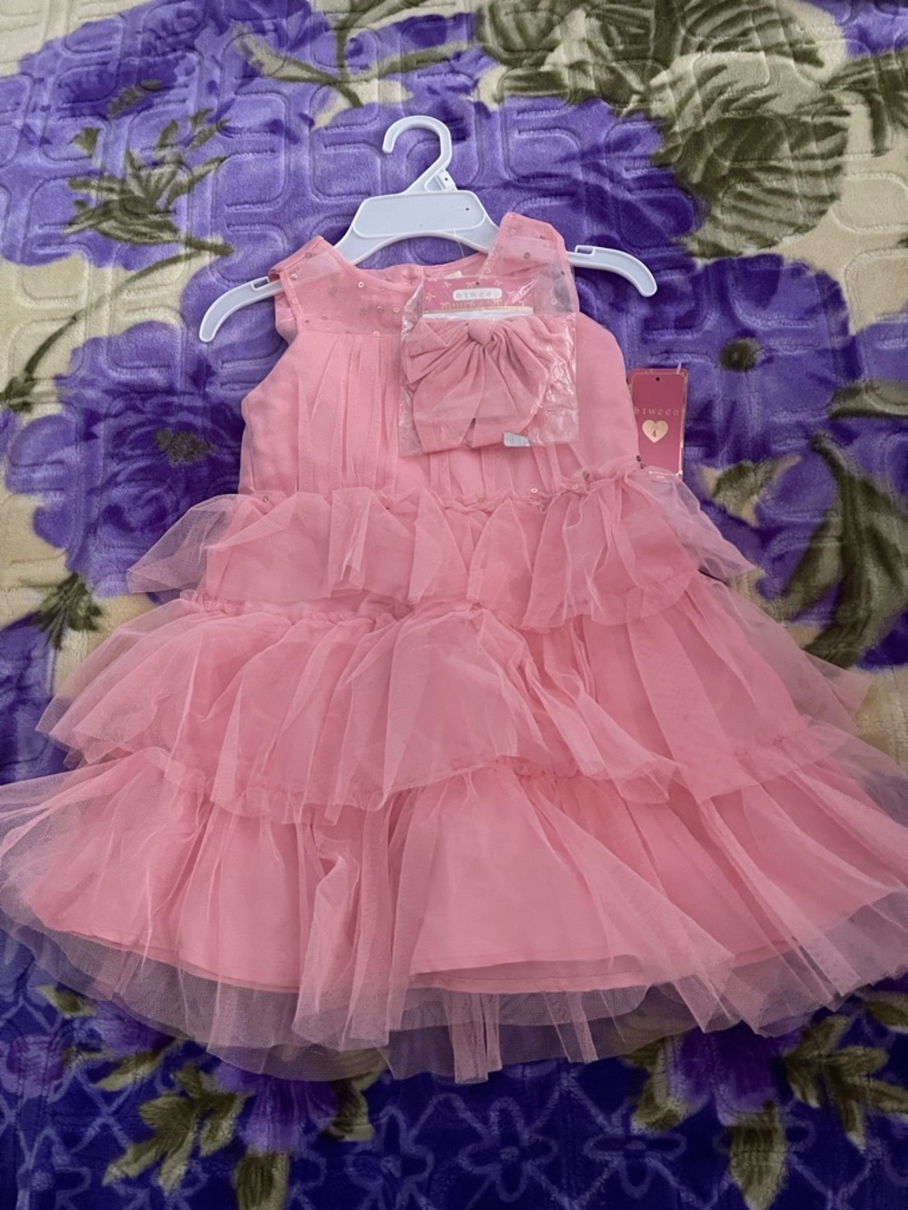 btween Pink Layered Tulle Party Dress with Bow